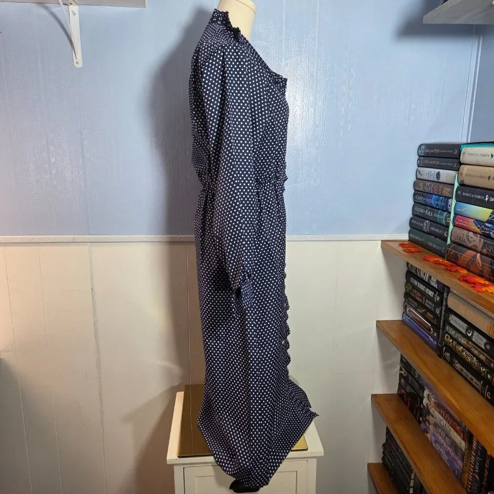 Vintage Abe Schrader Size 10 Navy Blue Polka Dot Peal Ruffle Long Dress - Picture 5 of 9